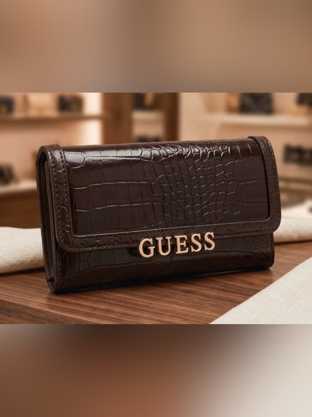 GUESS Men's Croc-Embossed Dark Brown Wallet with Gold Logo